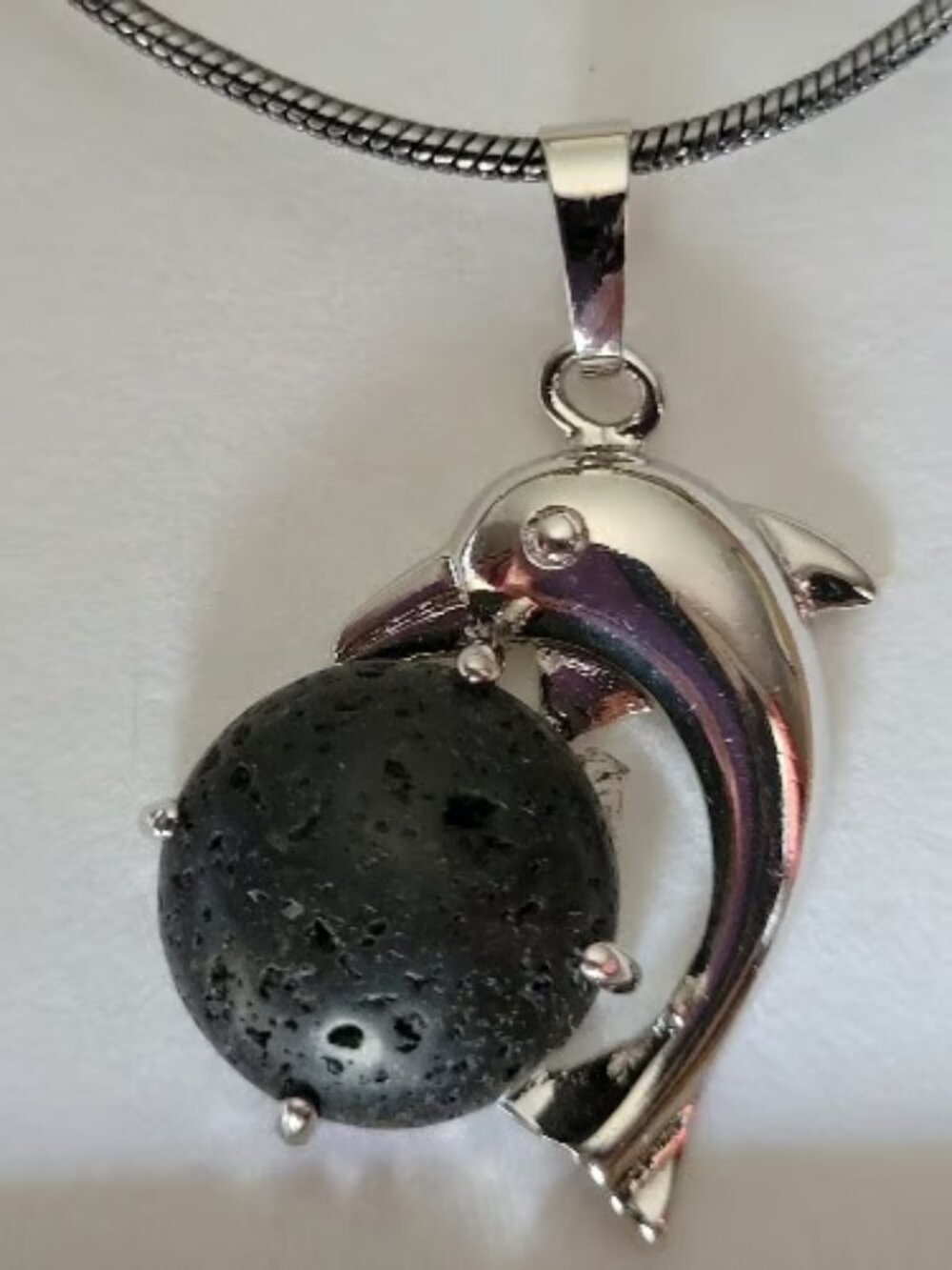 Silver Dolphin Black Lava Rock Ball Necklace